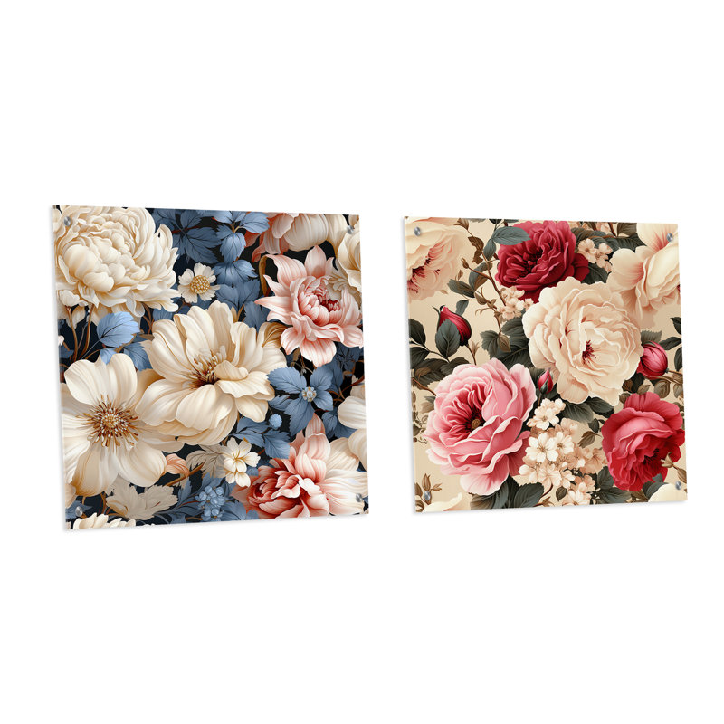 Motif floral beige rétro II - ensemble d'art mural en acrylique sur verre floral, H 16 po x l 33 po