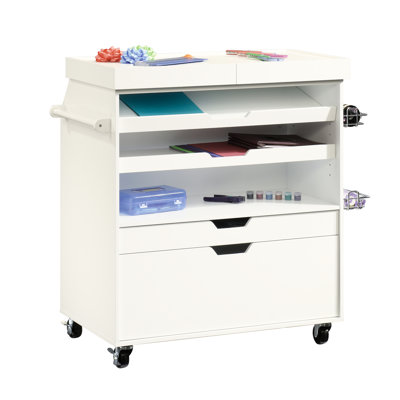 White Craft Cart With Traditional Design, Slide - Out Work Surface, Concealed Small Item Storage And Cart, Worktop, Storage, Two Drawers, Metal