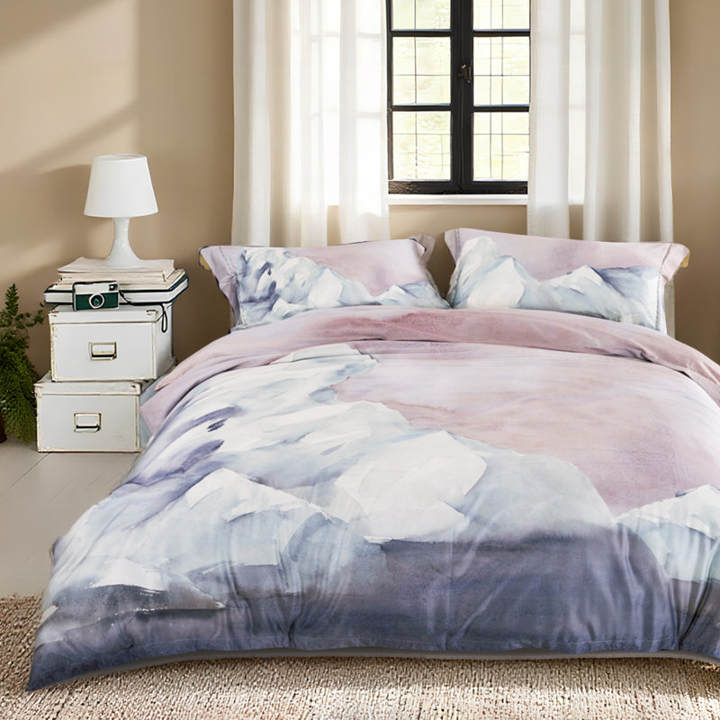 Lunaria Anyston Gray/Pink Long-staple Cotton Duvet Cover Set, Queen Duvet Cover + 2 Queen Shams
