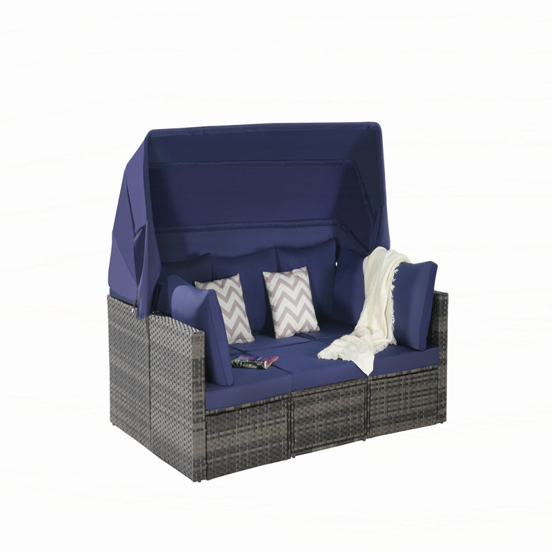 5 Pieces Outdoor Patio Wicker Daybed Furniture Set with Retractable Canopy, Storable Side Table, and Soft Cushions for Relaxing in Your Backyard or Porch