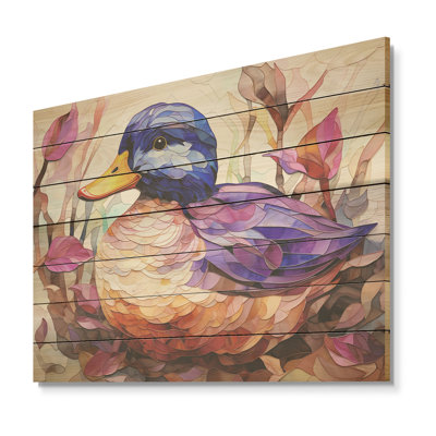 Canard beige et mauve dans un pré - animal canard sur bois
