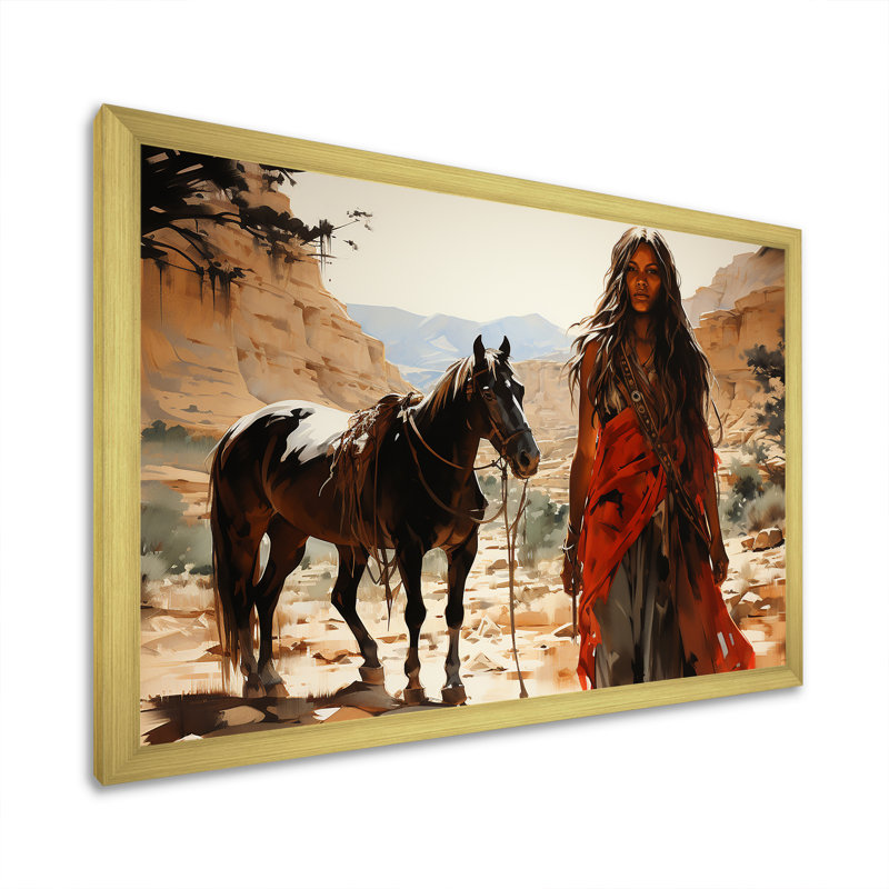 «Native American Warriro Canyon Echoes», art mural sur toile, Cadre doré simple, H 34 po x l 44 po x P 1,5 po