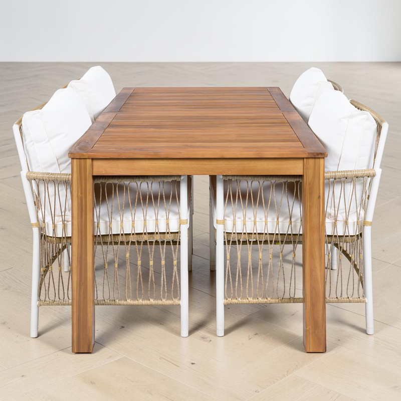 Ensemble 5 pièces de table de salle à manger de patio, table en bois d'acacia, chaises en rotin, usage contemporain et extérieur