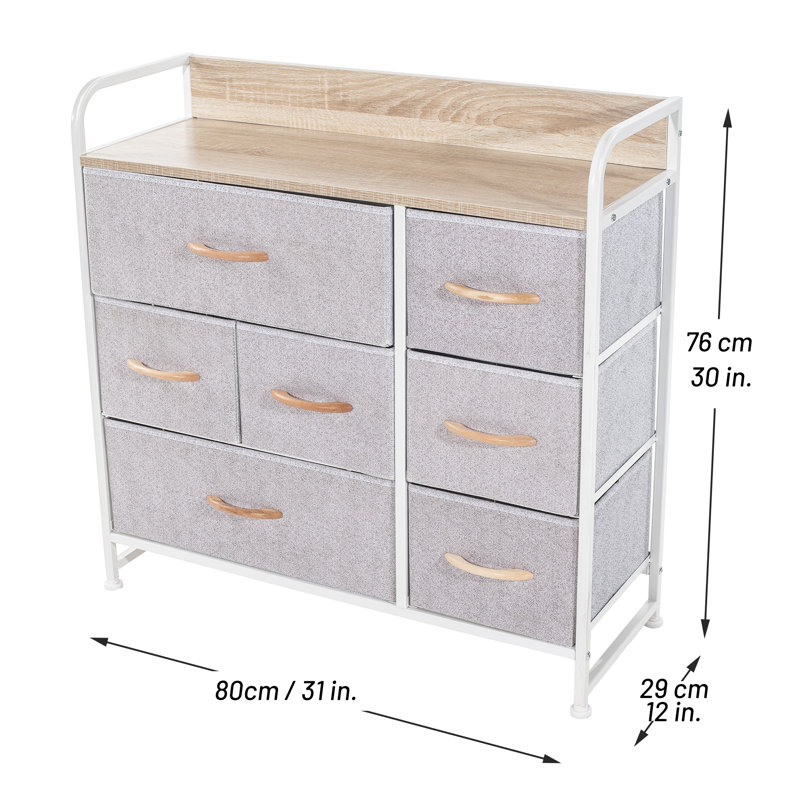 Commode 7 tiroirs Kiomara, Gris clair / Blanc