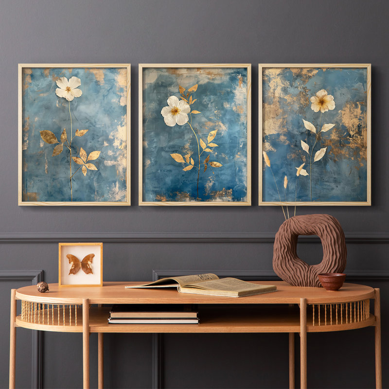 Étude florale, série 16, ensemble de 3 estampes numériques, prêt à accrocher, Encadré naturel, H 14 po x l 11 po