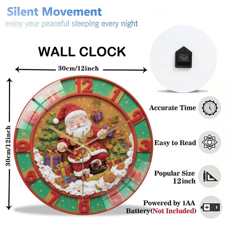Père Noël - livre-cadeaux-sur-horloge - horloge murale moderne en verre de 12 po