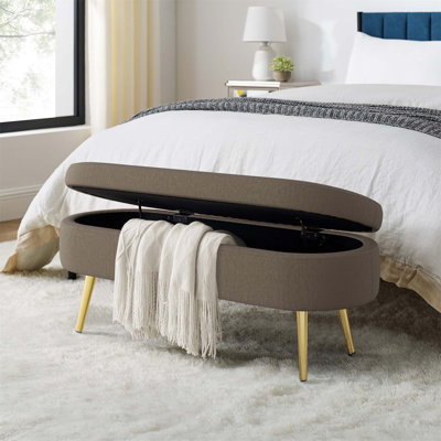 Banc de rangement repose-pieds ovale avec revêtement en flanelle et pieds en métal pour une décoration moderne et des sièges supplémentaires