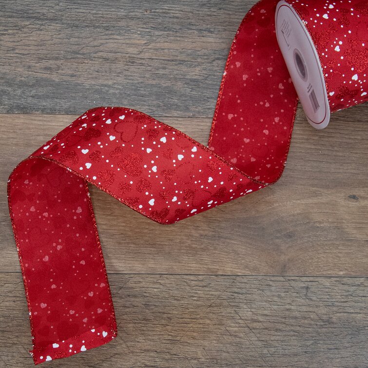 2.5 Red Sheer White Sparkle Hearts Valentine's Day Wire Ribbon (10 yards)