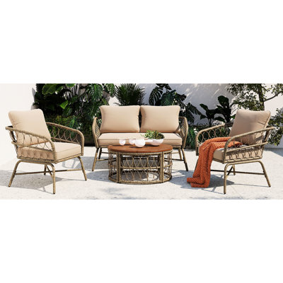 Ensemble de conversation d'extérieur 4 personnes avec coussins amovibles, ensemble de patio conversation avec plateau en bois d'inspiration bohémienne, beige