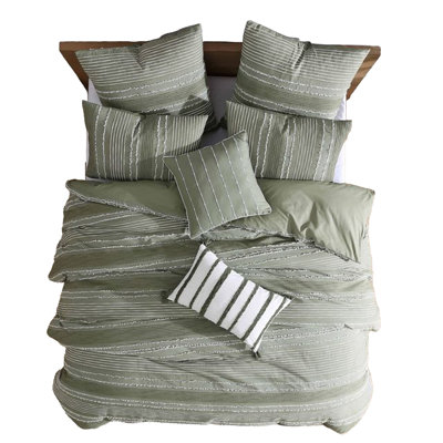 Ensemble d'édredon 5 pièces Meo, rayures jacquard tissées texturées vertes