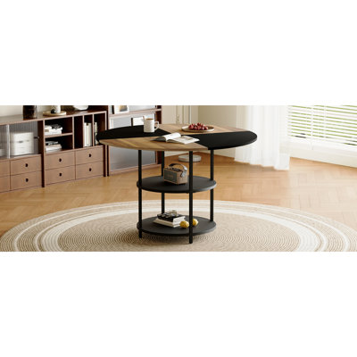 Table de salle à manger circulaire de 47,3 pouces de diamètre avec épissure moderne - rangement double couche, couleur diagonale en bois et noire en forme d'éventail, interprétant l'esthétique et la fonctionnalité de la maison.