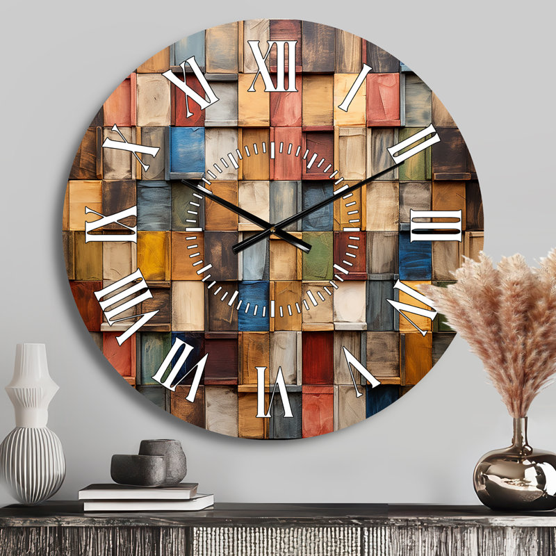 Colorful Earth Colors Tiles III - Boho Mosaic White Face Wall Clock, Medium