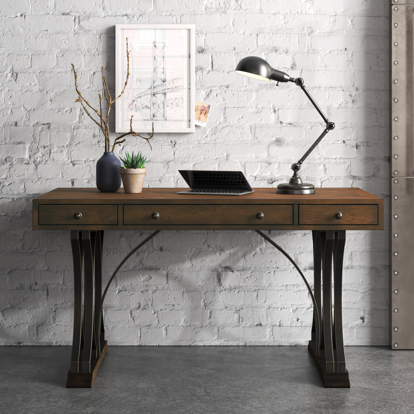 Mid Century Modern Solid Oak Desk With Two Drawers and Brass, Bureau,  Office Desk, Study Desk, Walnut 