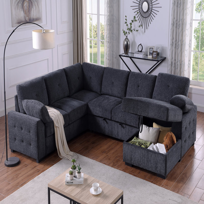 Canapé d'angle multi-fonctionnel en forme de L avec rangement et lit convertible, Chenille grise foncée