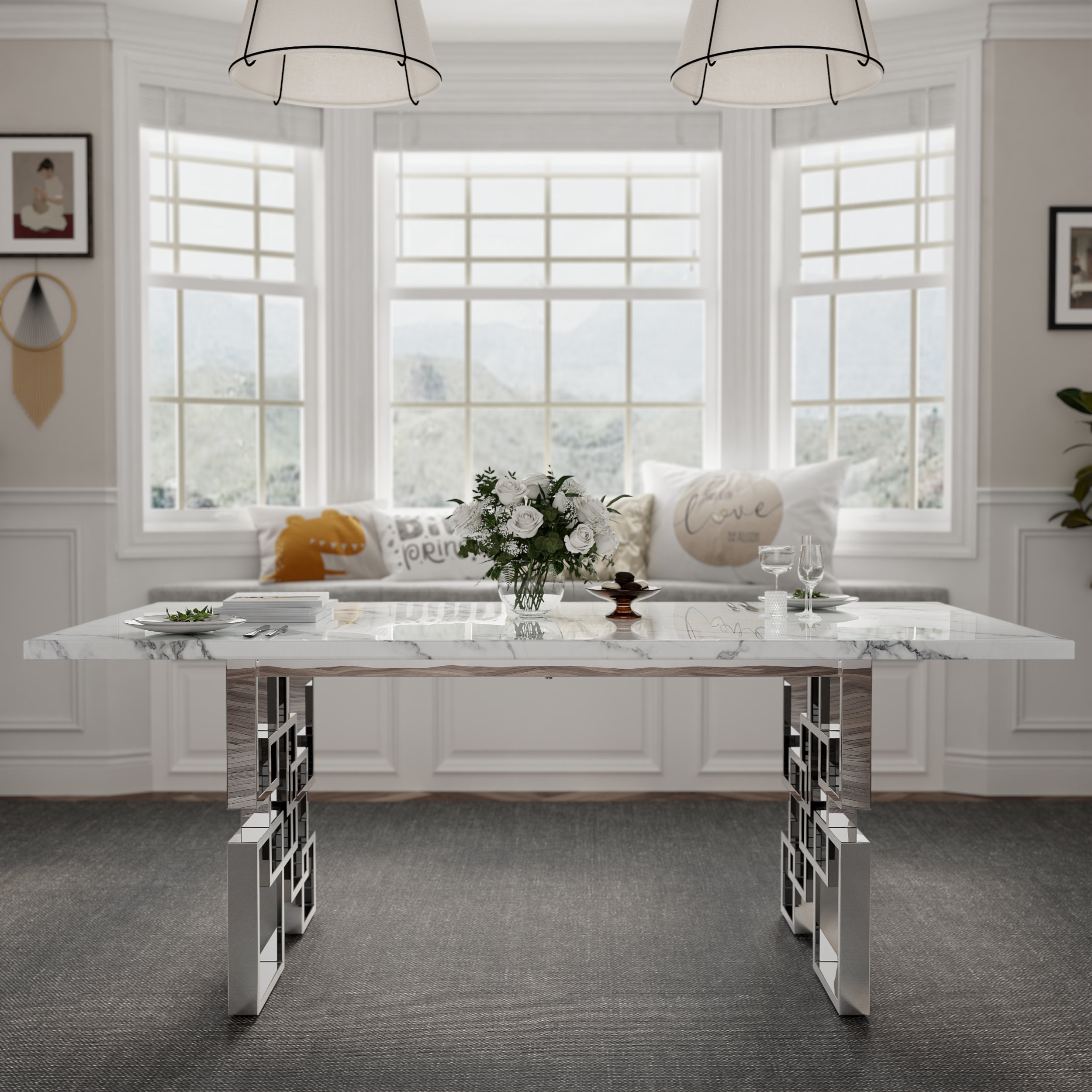 Mercer41 78 Inch Rectangular Faux Marble Dining Table With