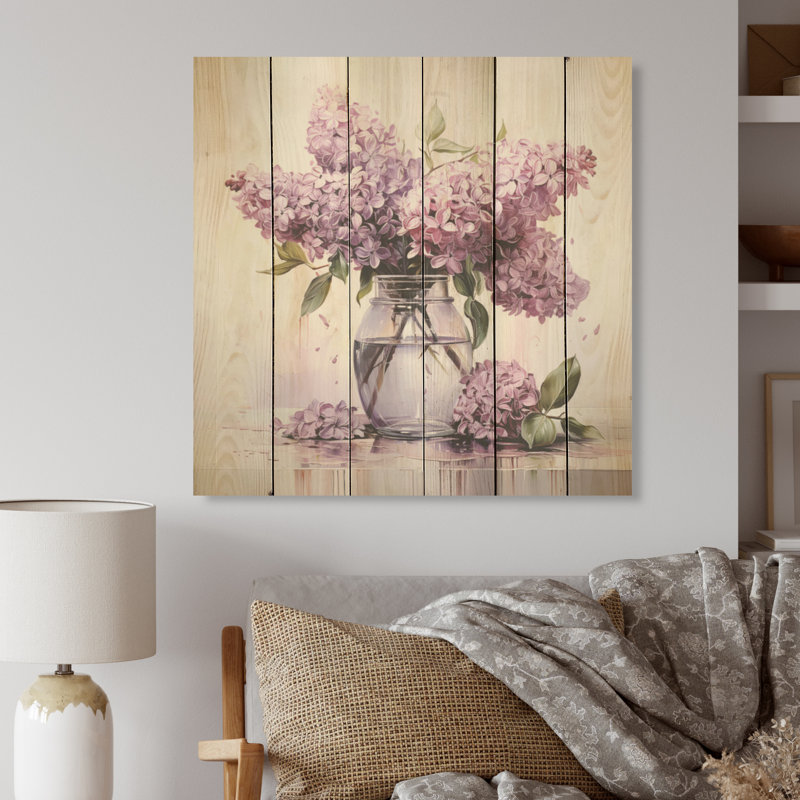 Élégant vase à bouquet de lilas I - lilas, art mural sur bois de pin naturel, H 15 po x l 15 po
