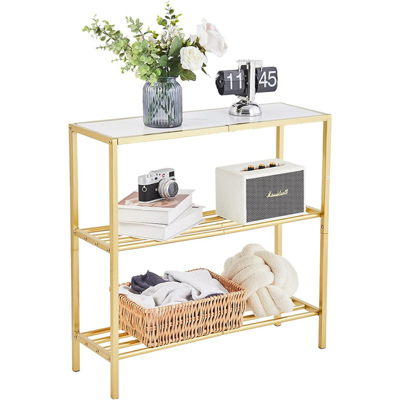 29.5" Narrow Console Table, 3-Tier Entryway Table, Thin Sofa Table With Shelves, Metal Frame, Side Table, Display Stand, For Hallway, Entrance, Living Room, Bedroom (Gold Frame White)