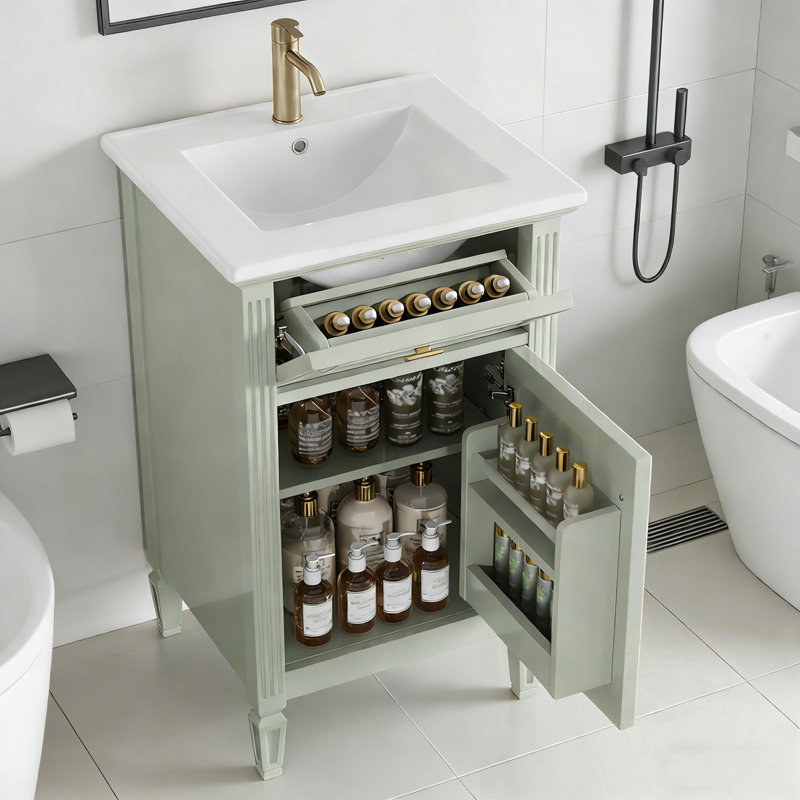 Meuble-lavabo de salle de bain avec lavabo, tablette réglable et tiroir inclinable, Vert