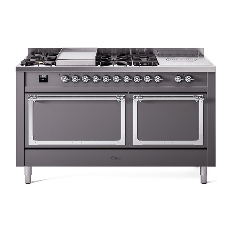 ILVE Nostalgie II Noblesse 60 in Dual Fuel Range 7 Burner, Griddle, Frenchtop, Liquid Propane, Graphite Matte/Chrome