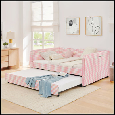Lit de jour pleine grandeur, canapé-lit convertible polyvalent 3 en 1 Gingham avec lit gigogne escamotable et poches de rangement latérales, idéal pour les espaces multiples et les petits espaces