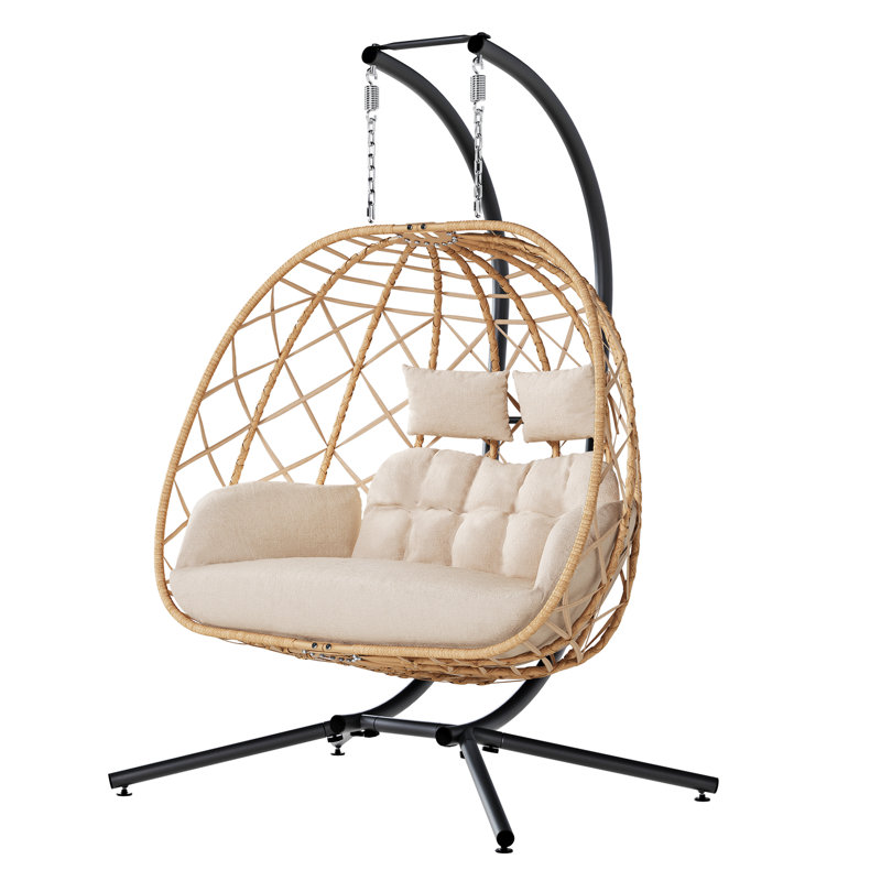 MICLEED 2 Person Swing Chair With Stand Hanging Chair With Cushion, Brown/Beige
