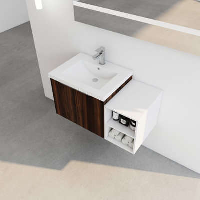 36 Inch Bathroom Sink Vanity, Wall Mounted, Soft Close Hinge, Walnut Mounted Vanity With Resin Sink, Inch, Closing Doors, Ample Storage, Finish