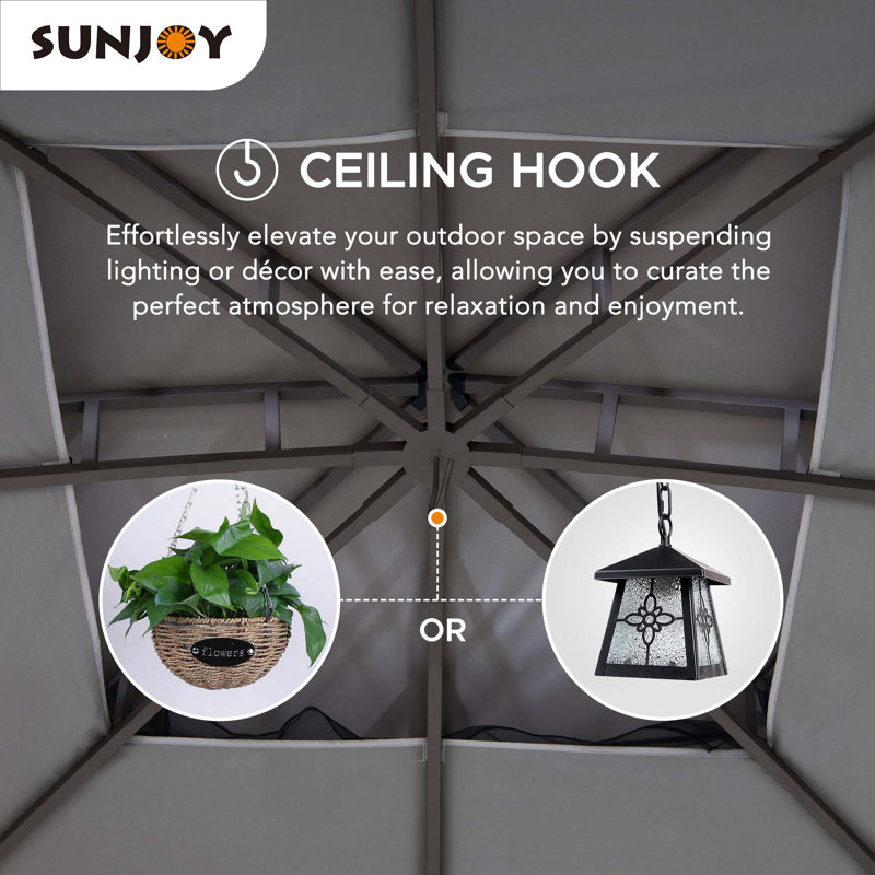 Sunjoy 12 x 12 ft. Gazebo with 2-Tier Canopy Roof, Outdoor Backyard Steel Frame Soft Top Gazebo with Ceiling Hook and Mesh Netting