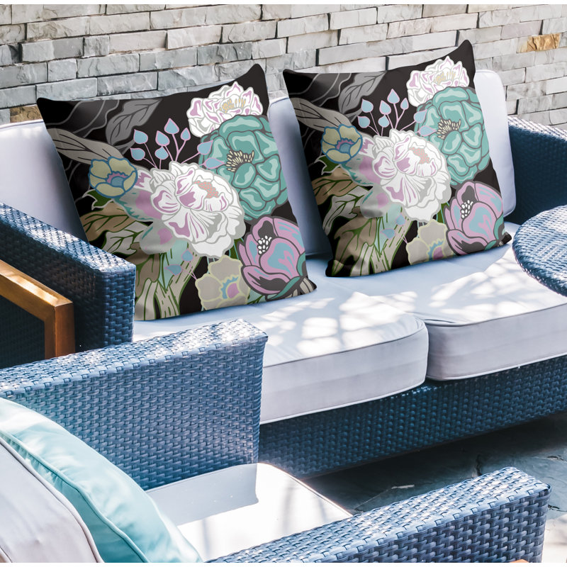 Floral Outdoor Reversible Throw Pillow, Black/Green/Purple, 15W" x 15H"