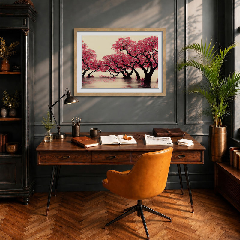 Thrilling Cherry Blossom Trees - Single Picture Frame Print, 34cm H x 46cm W x 2cm D, Oak Framed