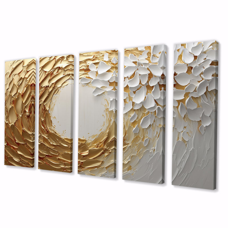 «White and Gold Rose In Vortex Love III», ensemble d'art sur toile à spirales abstraites, H 32 po x l 80 po