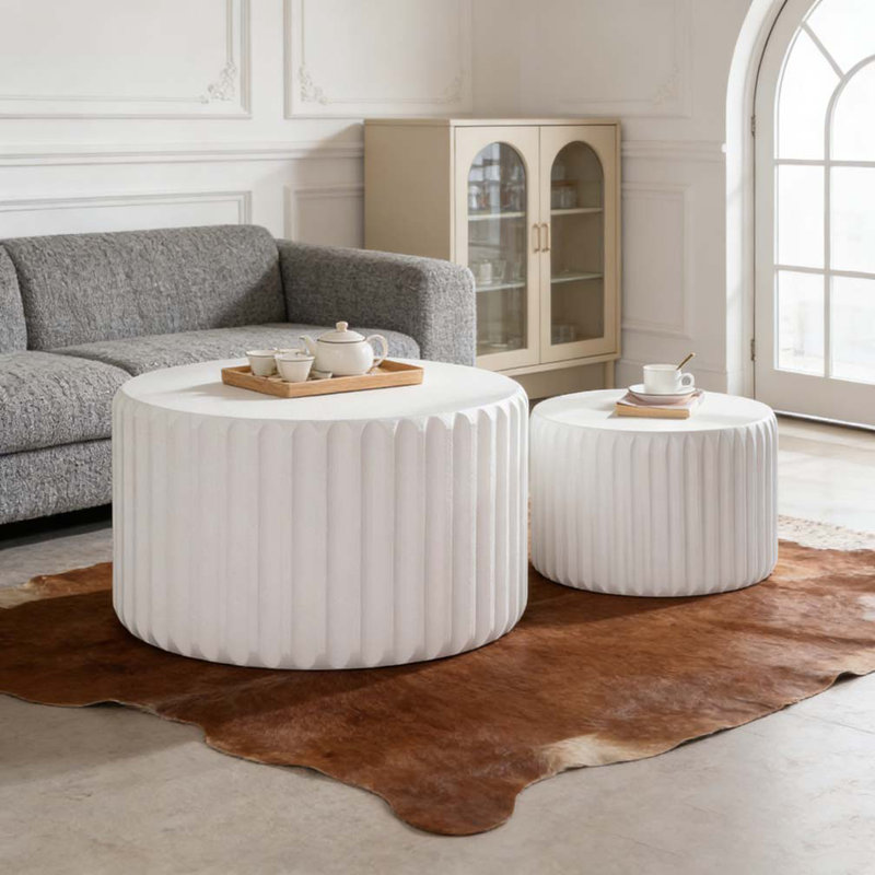 White Scalloped Round Coffee Table Set