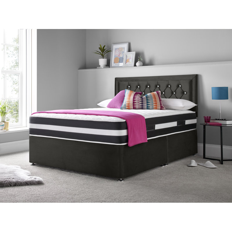 Marsing Upholstered Divan Bed with Mattress, Double (4"6), Black, Foot-end Drawers