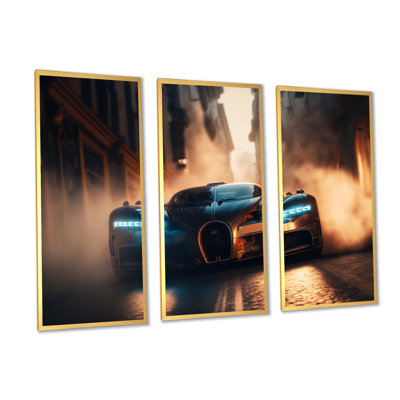 Futuristic Black Bugatti Sports Car Racing II " Futuristic Black Bugatti Sports Car Racing II " 3 Piece Art Color Photography Print