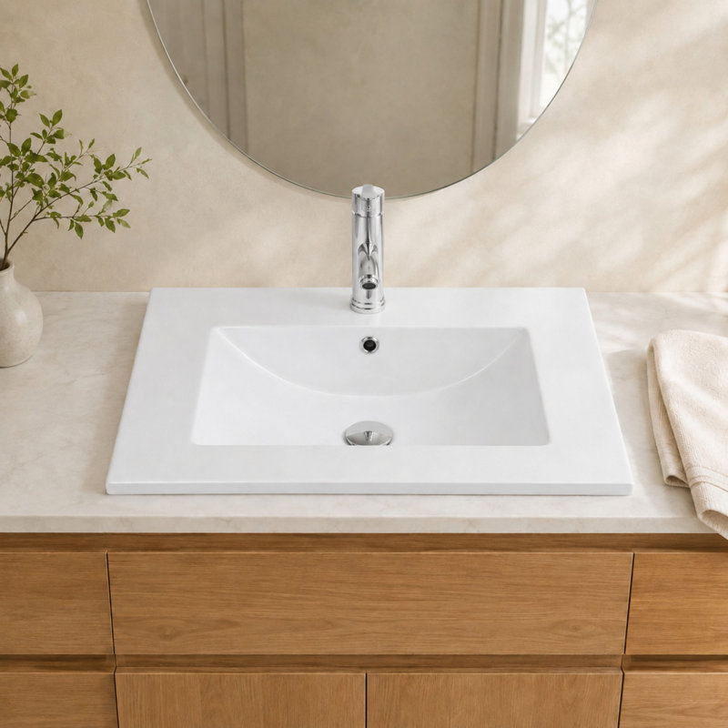 Lavabo de salle de bain en céramique blanche de 24 po, convenant à un meuble-lavabo de 24 po, trou de robinet pré-percé, design minimaliste moderne, durable et facile à nettoyer