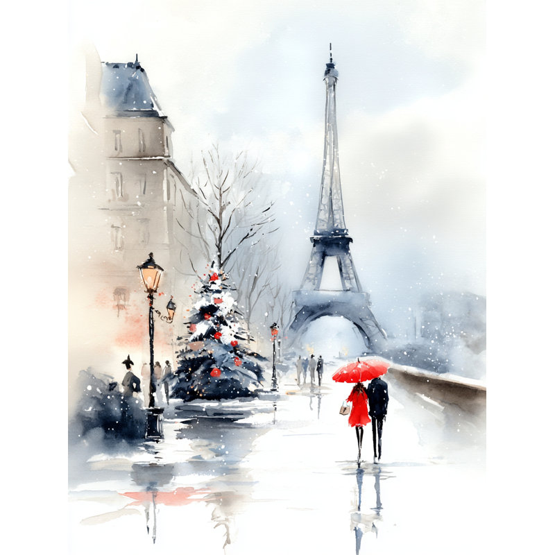 «Christmas in Paris with Red Umbrella», art mural sur toile tendue, H 24 po x l 16 po