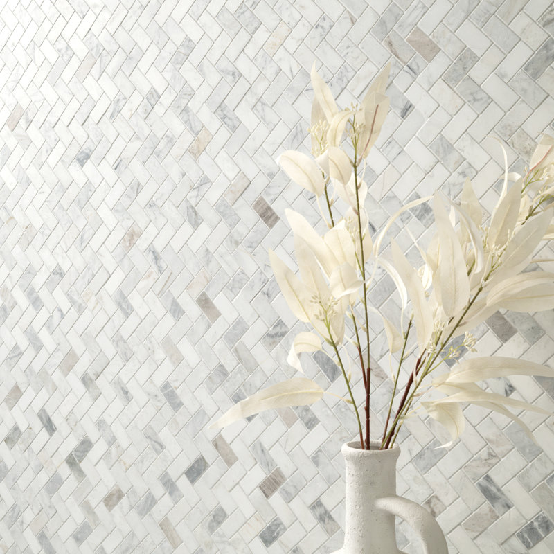 Castella de Blanc Herringbone 12 in. x 12 in. Honed Marble Mosaic Floor and Wall Tile