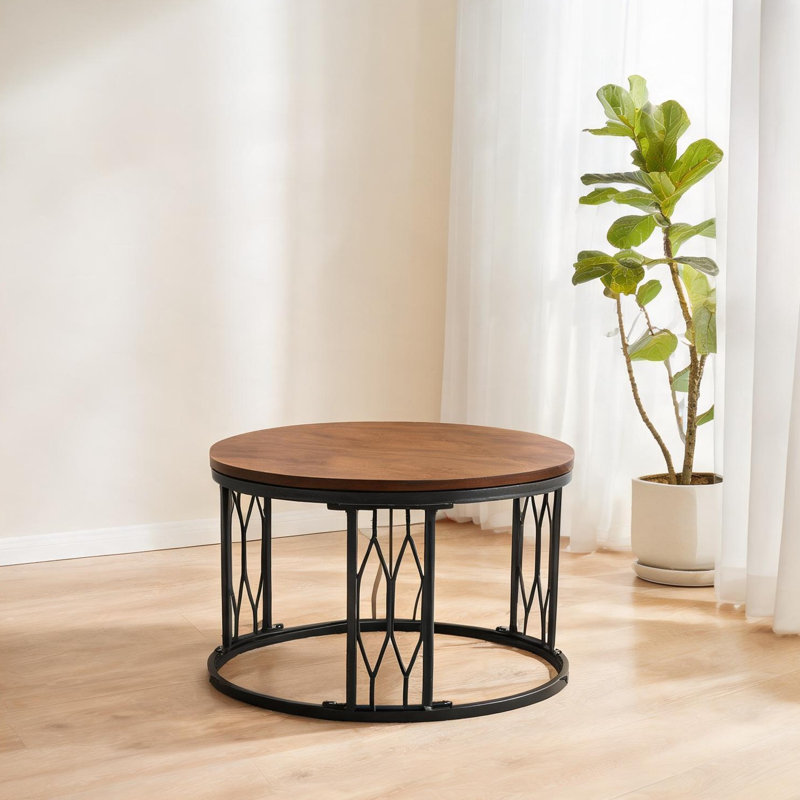 Table basse avec plateau rond en bois aggloméré et structure en métal de 27,5 po de style industriel pour le salon