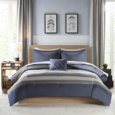 Couette et draps pour lit simple - Motif rayé bleu-gris serein, avec oreiller carré