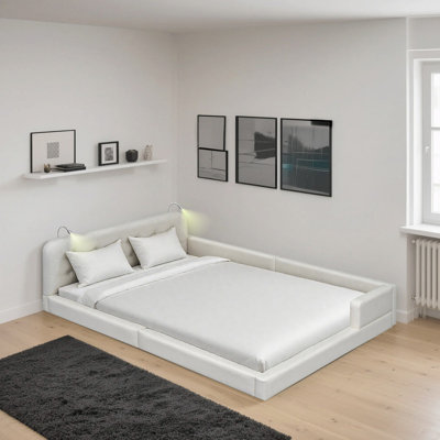 Queen Size PU Leather Platform Bed with Button-Tufted Headboard & Dual Reading Lights