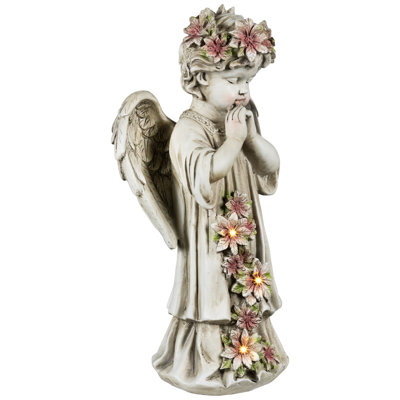 LED Lighted Praying Cherub With Flowers Statue - 16"