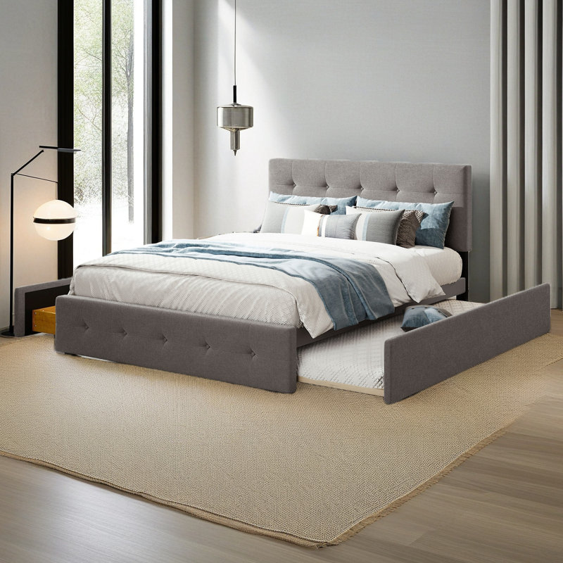 Lit plateforme tapissier avec 2 tiroirs et 1 lit gigogne simple TG, Gris clair