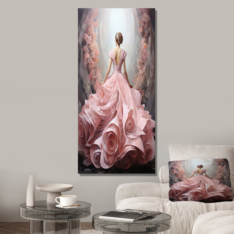 «Rose and White Woman Ballet Solitude II» - Décoration murale spirales abstraites, Toile tendue, H 60 po x l 28 po x P 1,5 po