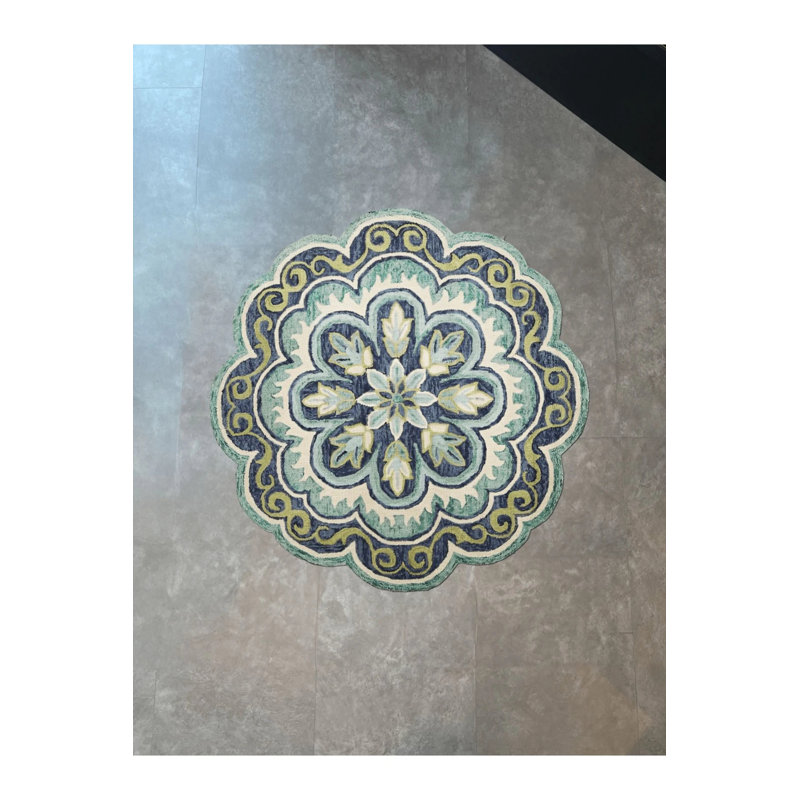 Blue Tone Traditional Motif Floral Patterned Woven Base Round Decorative Carpet, Novelty 4' x 4'