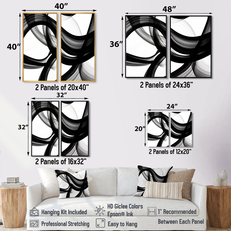 Vagues abstraites, tourbillons blancs et noirs - art mural sur toile Cityscape Large, Noir, H 36 po x l 48 po