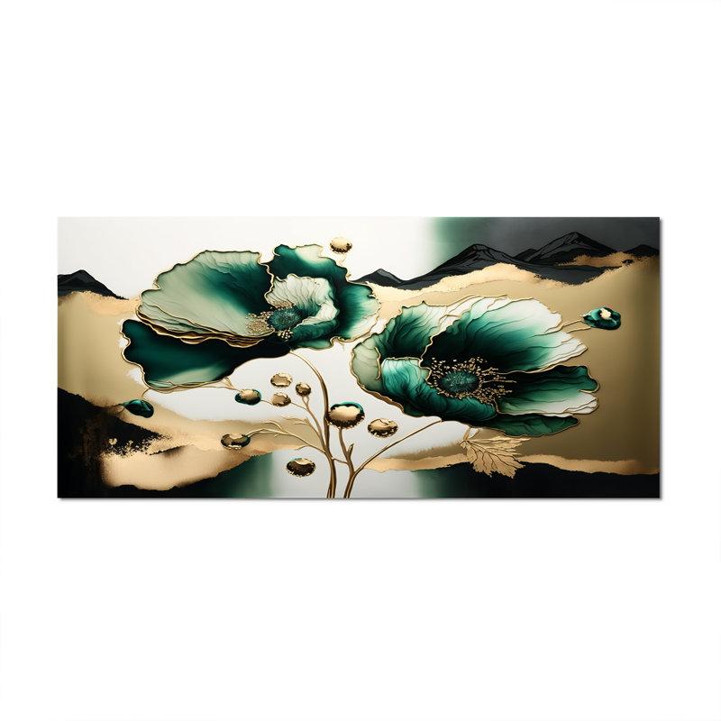 Or et vert coquelicot floral Euphoria I - coquelicots, art mural, H 28 po x l 60 po x P 1,5 po, Toile tendue