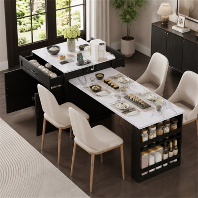 K&K 82.7 inch Kitchen Island with Extendable Dining Table for 4-6 Person,Faux Mable Kitchen Table with Double-sized Storage,Power Outlet,Kitchen islan