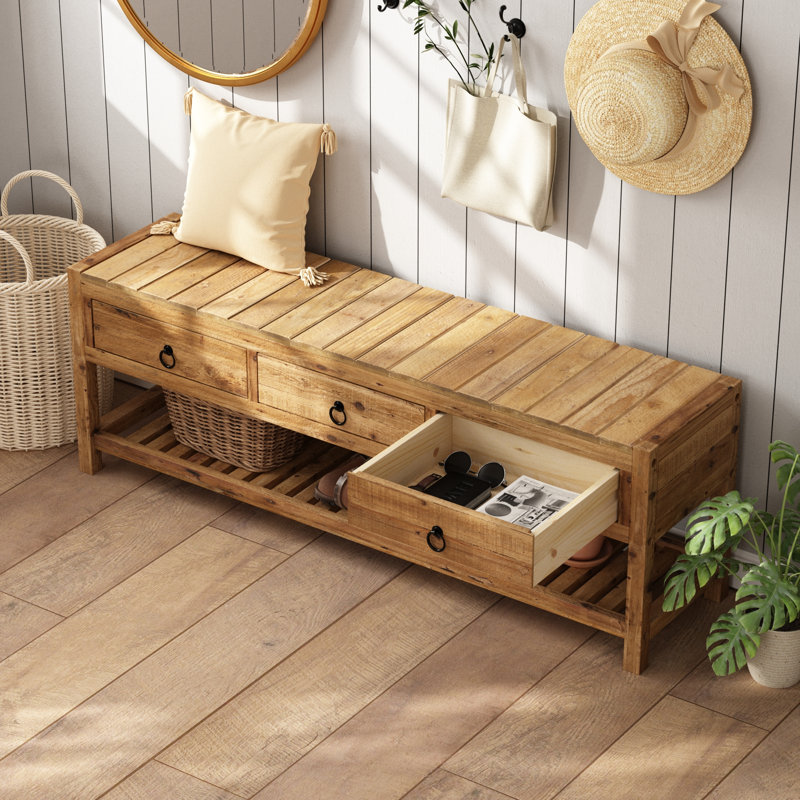 Reclaimed Solid Wood Storage Bench with Storage Drawers Shelf, 15.7" H x 45.3" W x 11.8" D - 3 Drawers