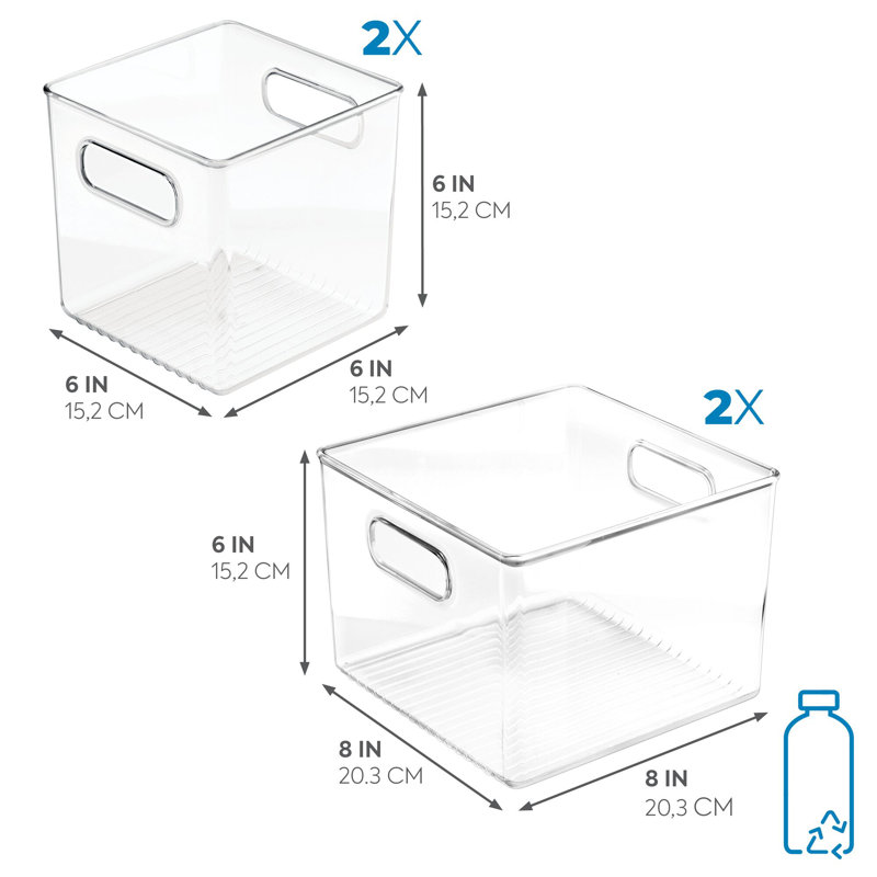 iDesign 4-Piece Plastic Refrigerator Organizer Bin Set, Two 6" x 6" x 6" & Two 6" x 6" x 8" Bins, Clear