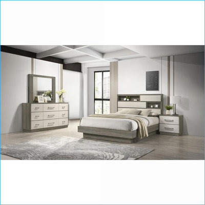 Ensemble de chambre à coucher, très grand 4 pièces brun clair moderne & amp; Bois de noyer brun avec ports USB | Multicolore | Commodes doubles