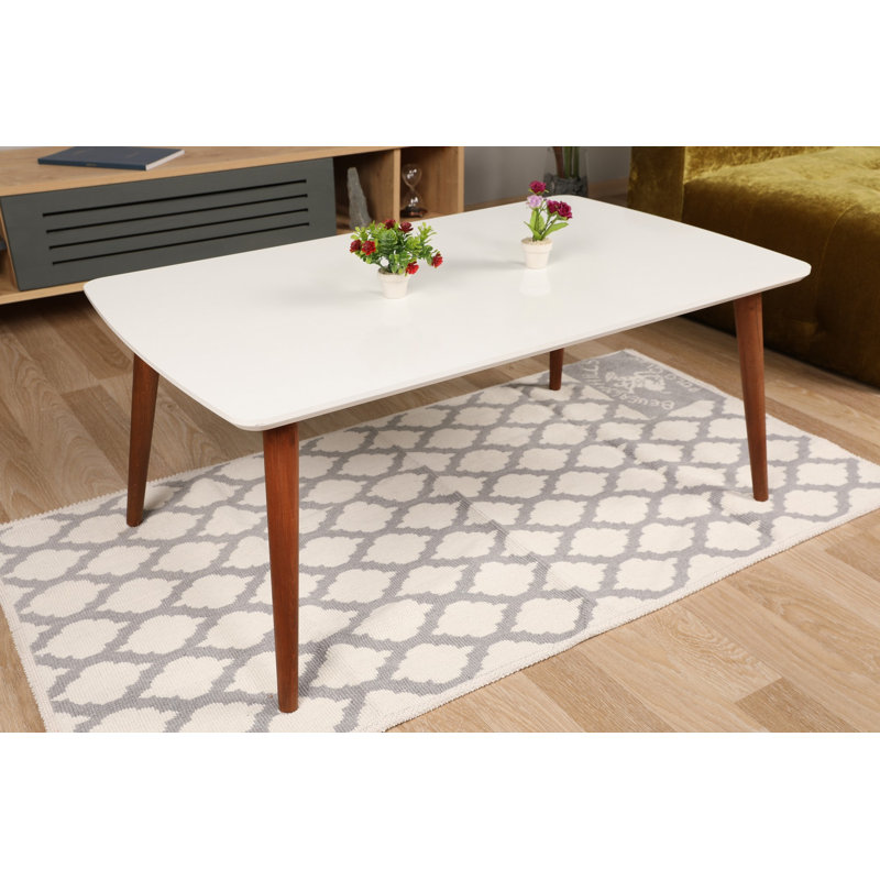 Table basse à 4 pieds, Blanc / Noyer, H 42 cm x l 100 cm x P 60 cm